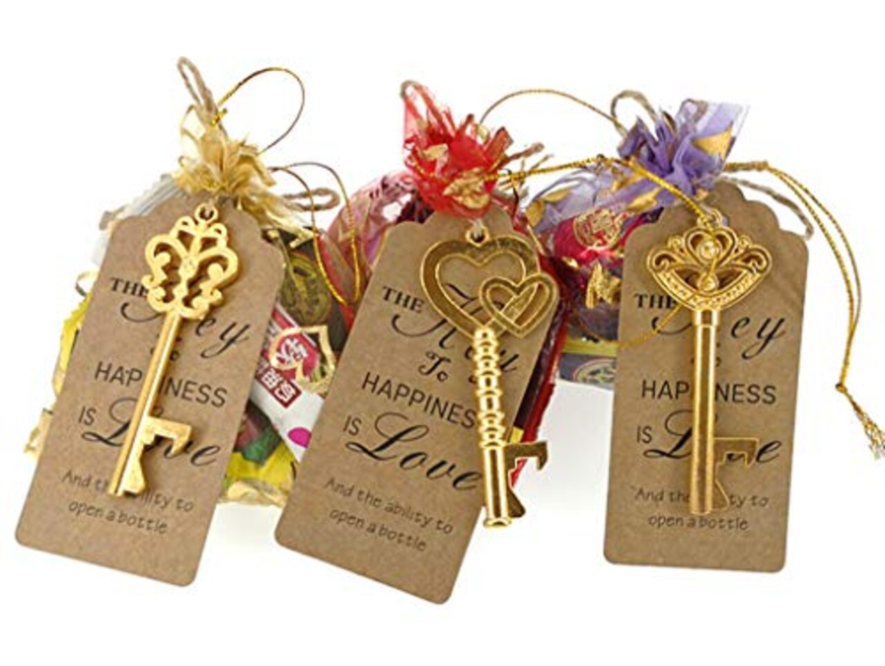 50 Pack Skeleton Key Bottle Opener Wedding Party Favor Souvenir Gift with Escort Tag and Jute Rope (Gold Tone,5 styles)